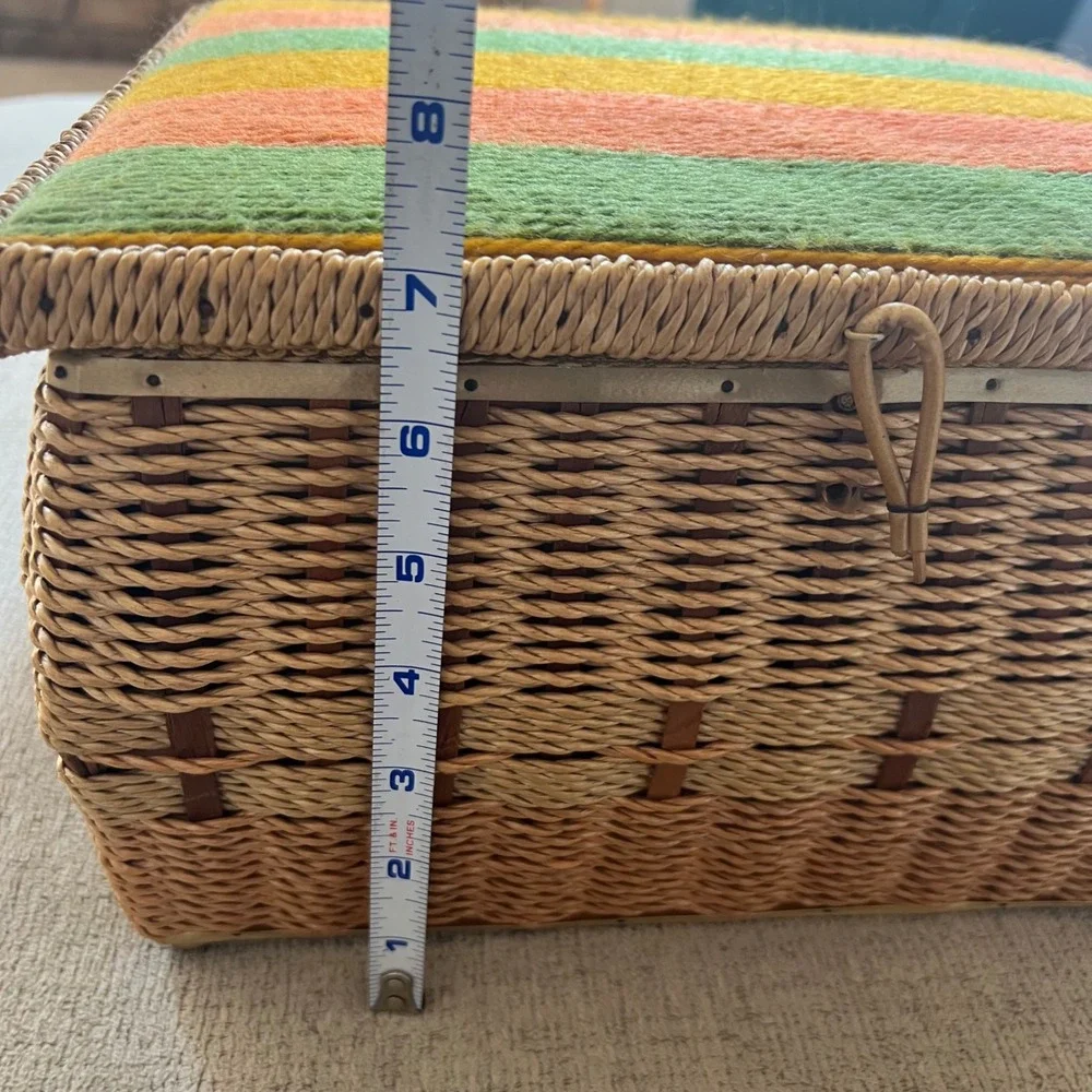 Vintage JCPenney Wicker Sewing Basket Woven Striped Yarn Lid Yellow Lining Japan